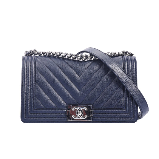 Pre-Owned Chanel BOY Dark Blue Chevron Calfskin Shoulder Bag 99858984