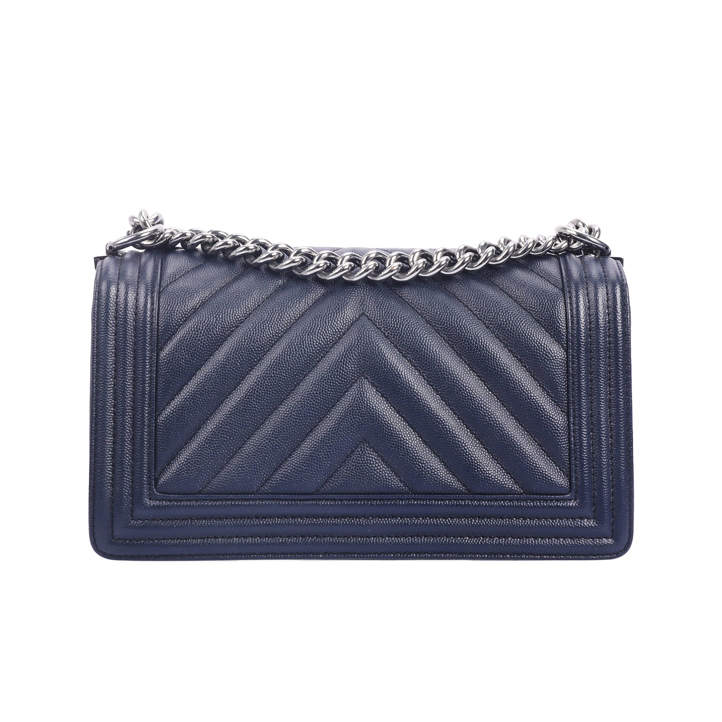 Pre-Owned Chanel BOY Dark Blue Chevron Calfskin Shoulder Bag 99858984