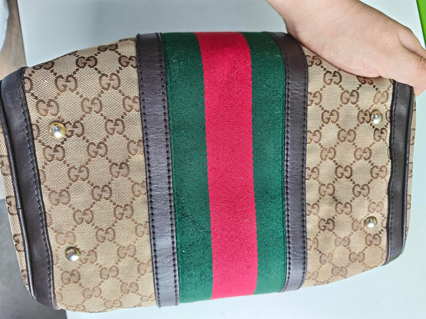 Pre-Owned Gucci Beige GG Canvas Calfskin Top Handle Bag 31453558