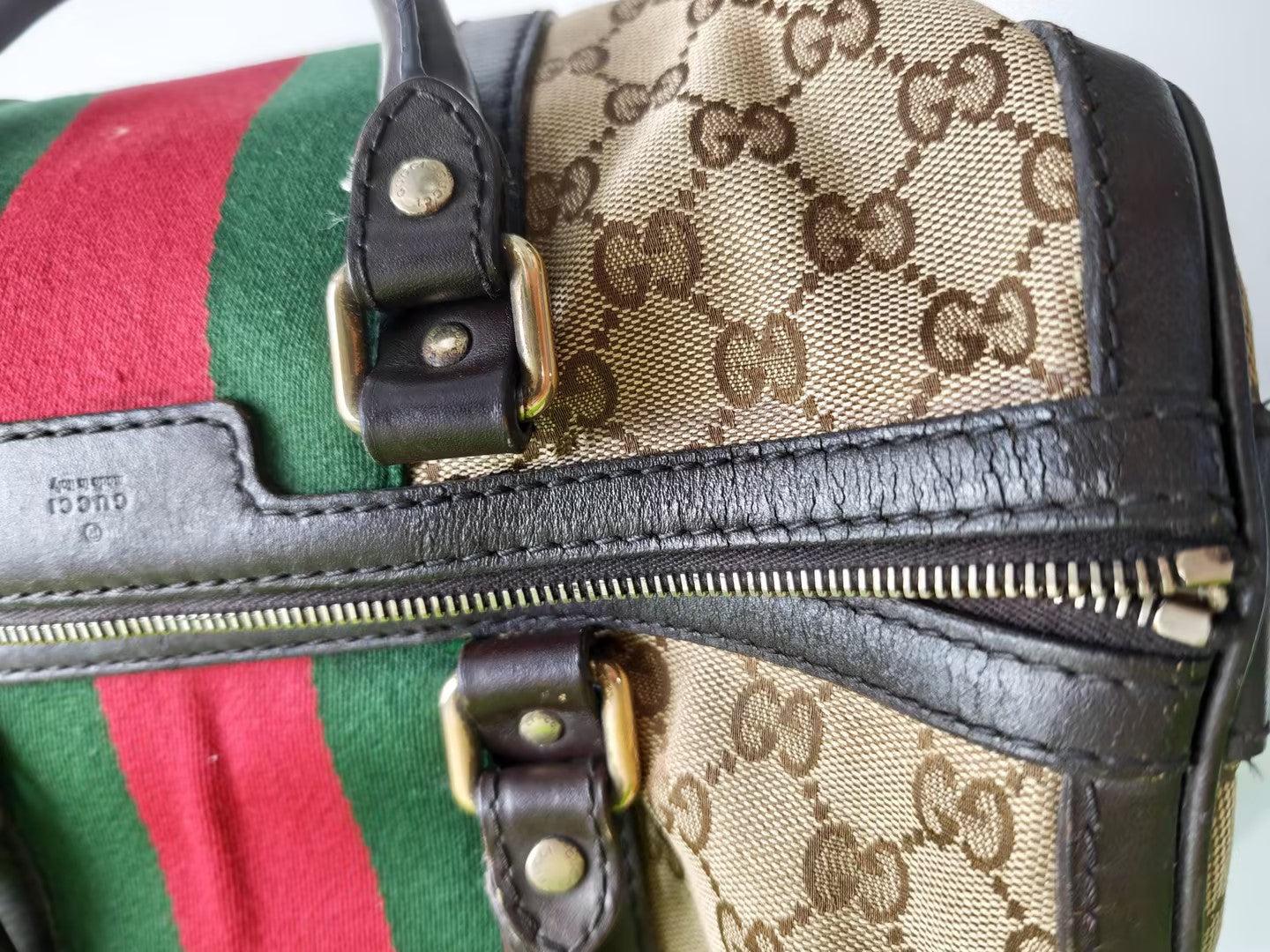 Pre-Owned Gucci Beige GG Canvas Calfskin Top Handle Bag 31453558