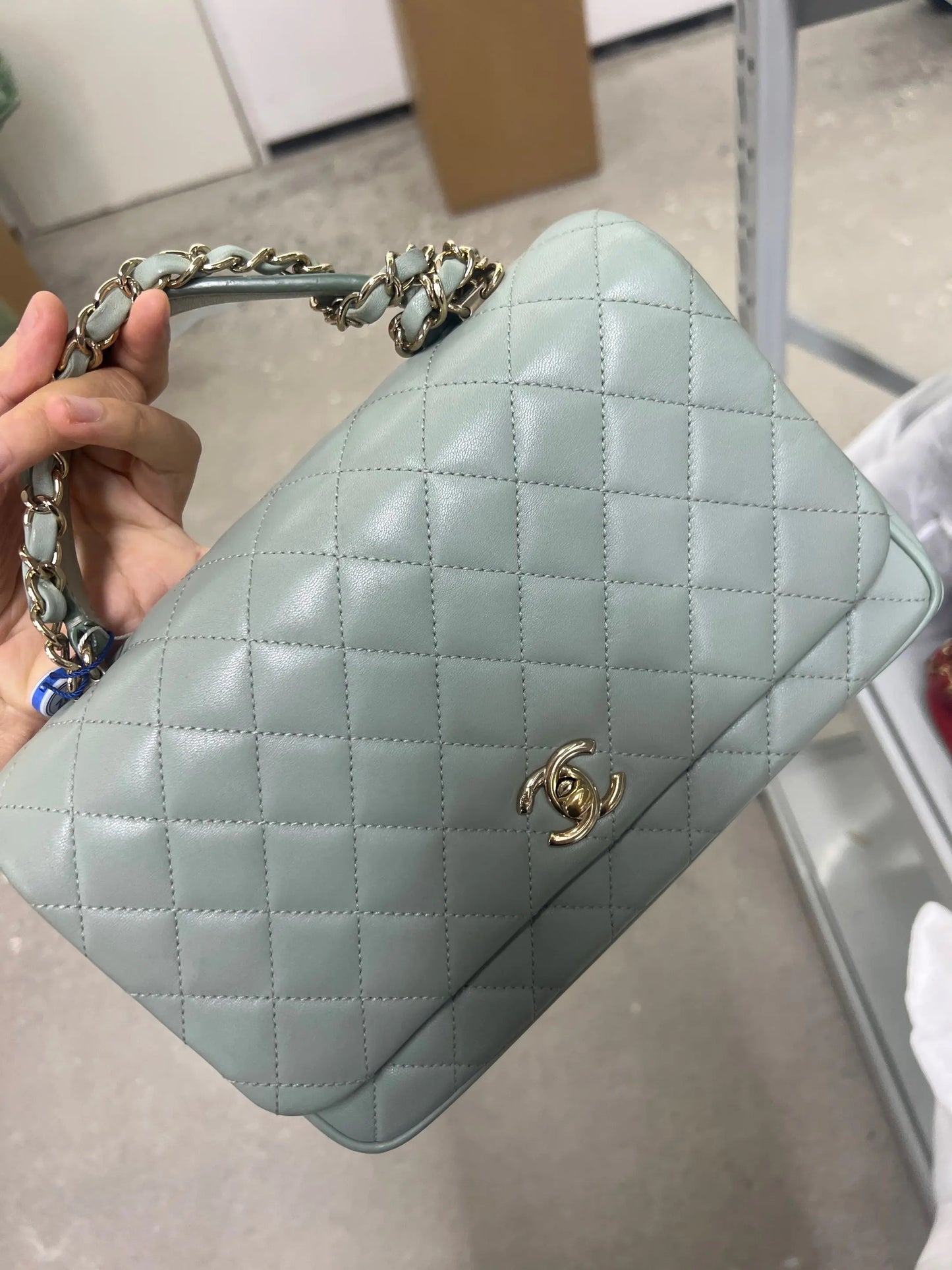 pre-loved chanel top handle flap bag light mint green 14722563