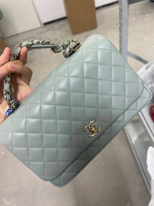 pre-loved chanel top handle flap bag light mint green 14722563